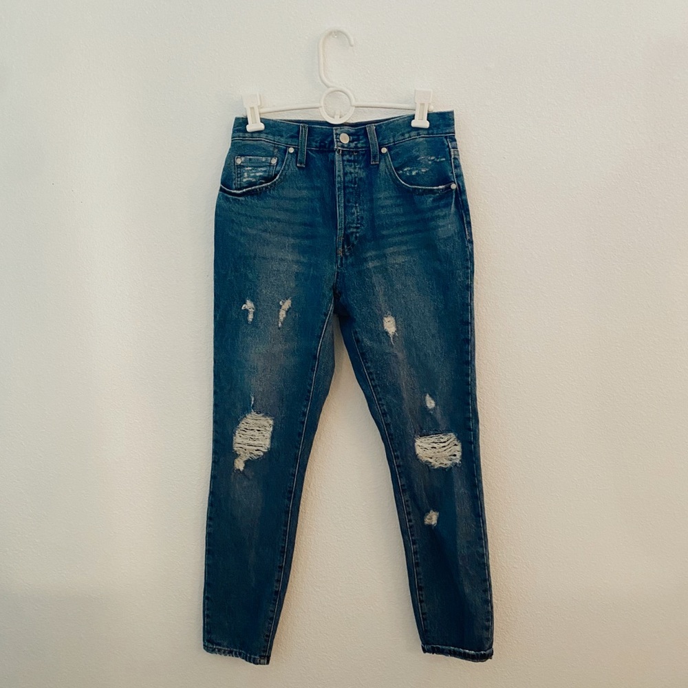 dark wash distressed jeans